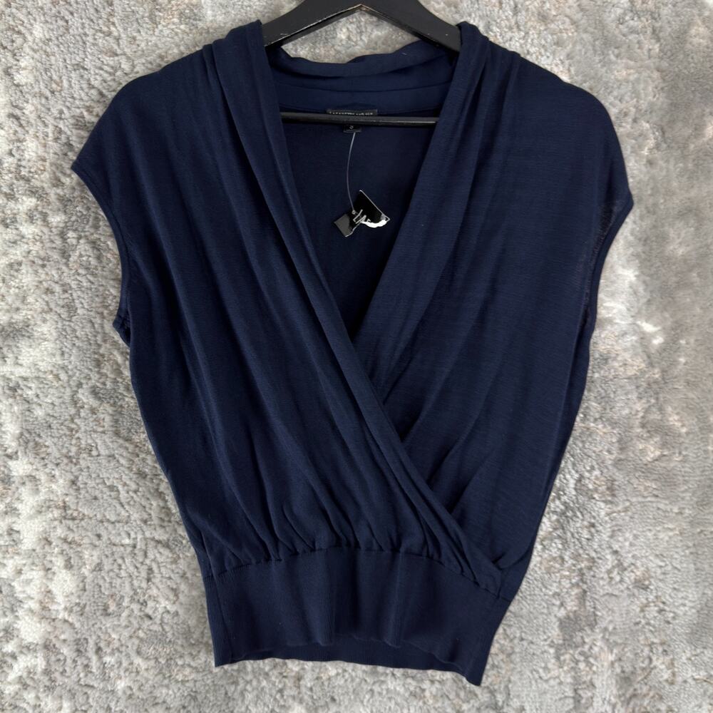 NEW Lafayette 148 Size S Preppy V Neck Faux Wrap Top Navy Cap Sleeve Pullover